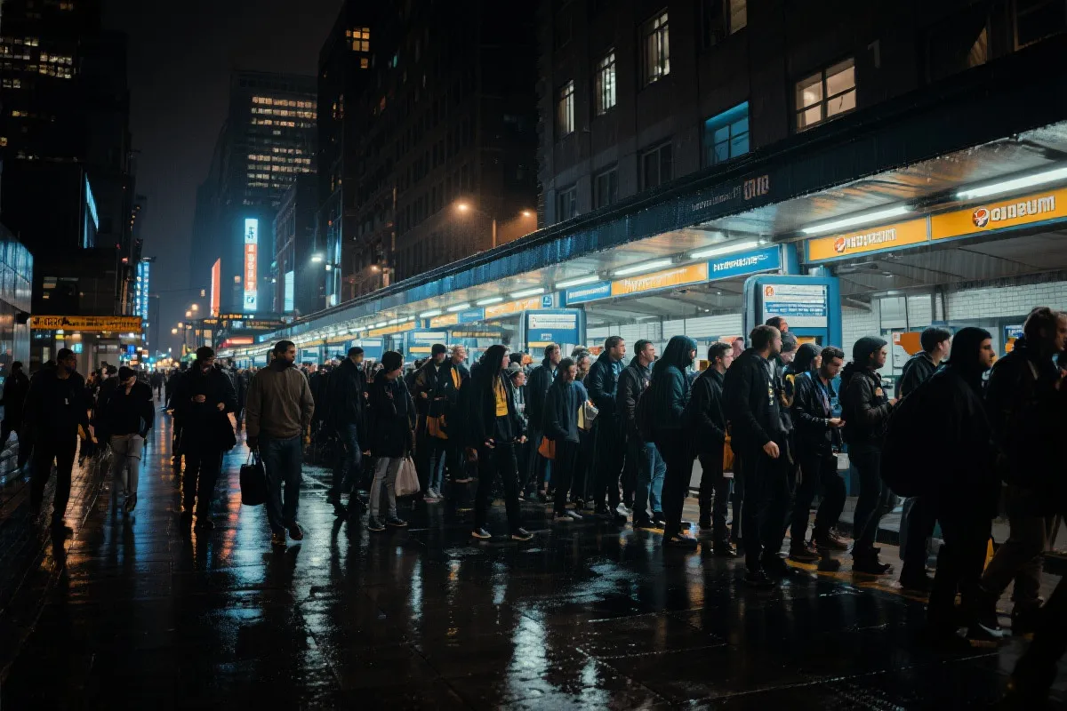 比赛日夜晚散场人流与公共交通换乘氛围